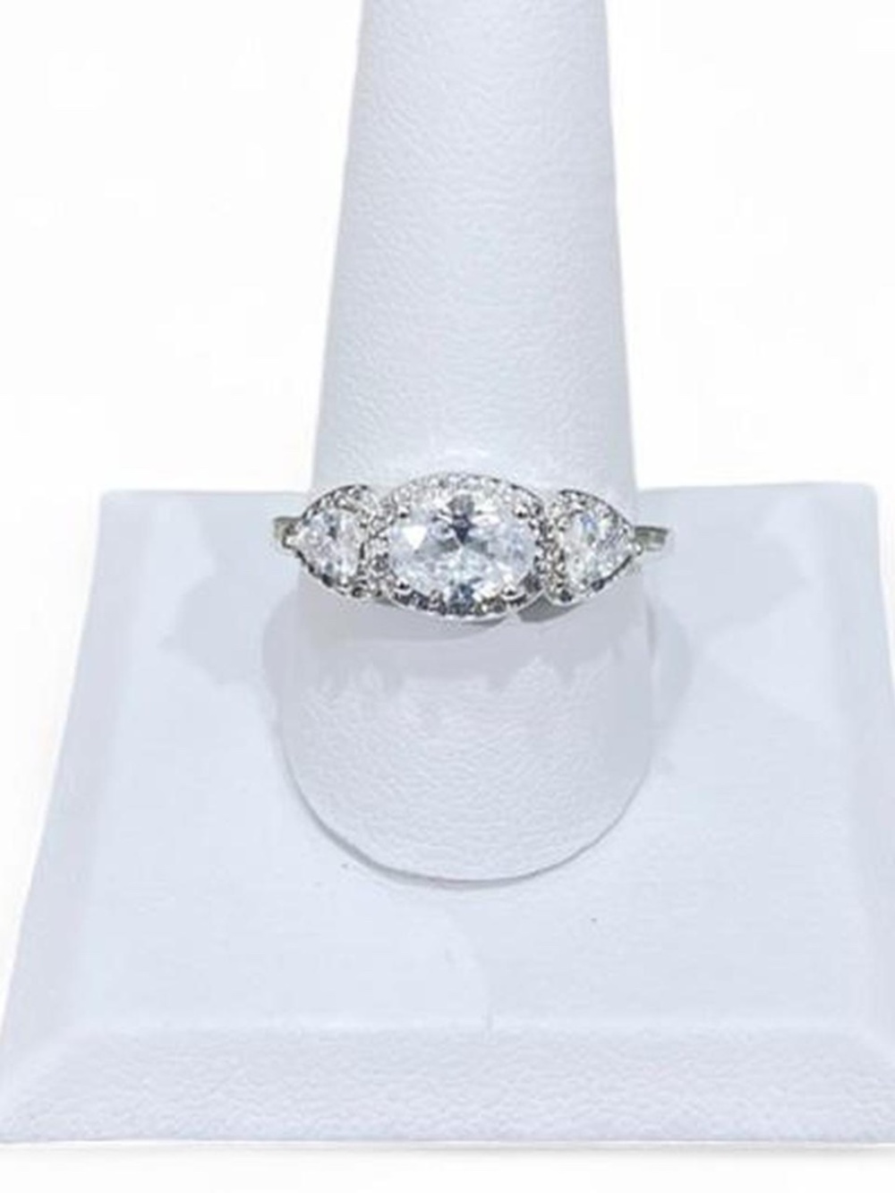 Cubic Zirconia 3 Stone Oval Silver Plated Ring - Size 11